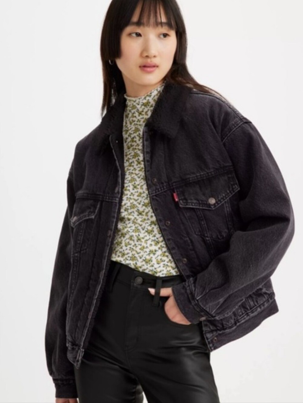 Levi's 90s Sherpa Trucker Black Denim Jacket Large Oversized Fit Grunge Western